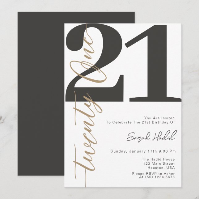 Modern Black And White Twenty One 21st Birthday Invitation (Front/Back)