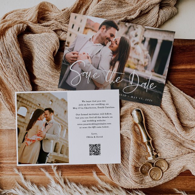 Modern Black and White | Two Photo and QR Code Save The Date (Creator Uploaded)