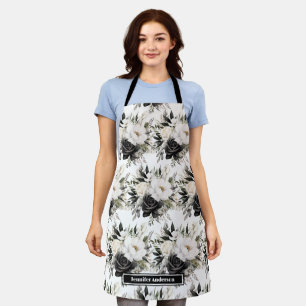 Modern Black and White Watercolor Floral Apron