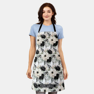 Modern Black and White Watercolor Floral Apron