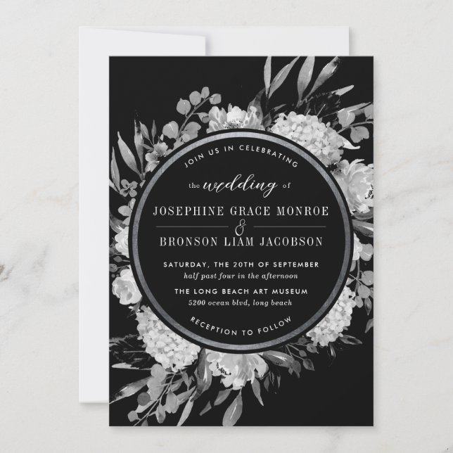 Modern Black and White Watercolor Floral Silver Invitation (Front)