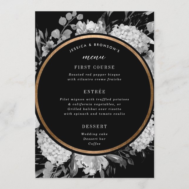 Modern Black and White Watercolor Floral Wedding Menu (Front)