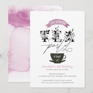 Modern Black and White Watercolor Tea Party Pink Invitation