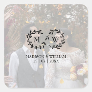 Modern Black And White Wedding Photo Square Sticker