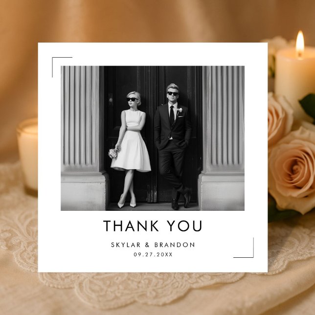 Modern Black and White Wedding Photo Square Thank You Card (Creator Uploaded)