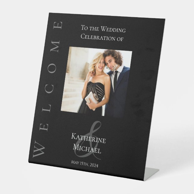 Modern Black and White-Wedding Photo Welcome Sign- Pedestal Sign (Front)