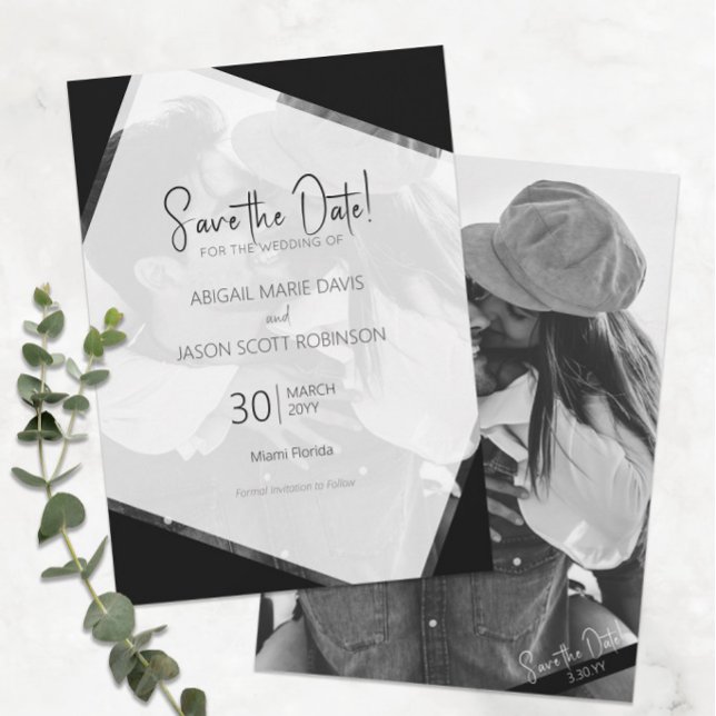 Modern Black and White Wedding Save the Date Invitation (Modern Minimalist Black and White Wedding Save the Date with Your Engagement Photo )