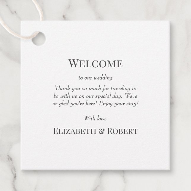Modern Black and White Wedding Welcome Gift Tag (Front)