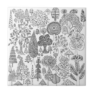 Modern Black and White Whimsical Tree Patterned Tile