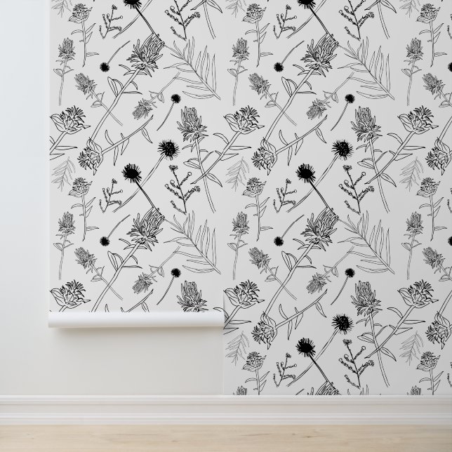 Modern Black and white wildflower line art Wallpaper (Application)