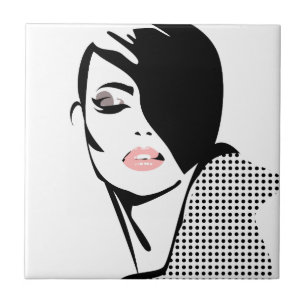 Modern black and white woman portrait minimalist tile