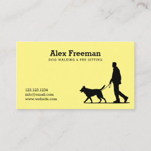 Modern Black and Yellow Dog Walker Silhouette Business Card