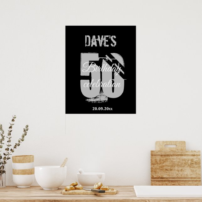 Modern Black Any Age 50 Birthday Welcome Backdrop Poster (Kitchen)
