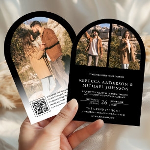 Modern Black Arch Photo QR Code Wedding Invitation