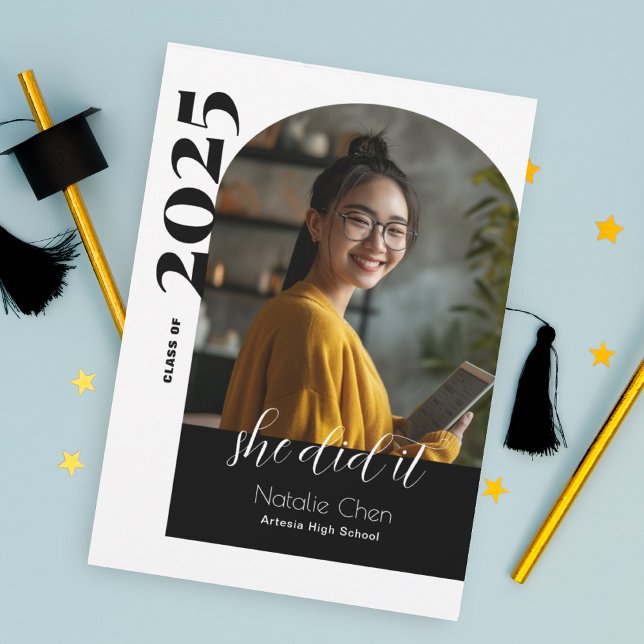 Modern Black Arch Photo She Did It Graduation  Announcement (Creator Uploaded)