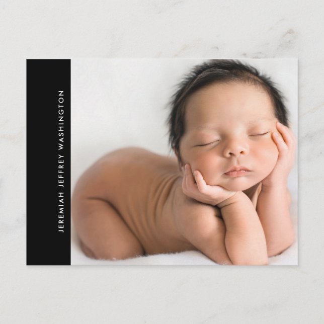 Modern Black Baby Photo Birth Announcement  Postcard (Front)