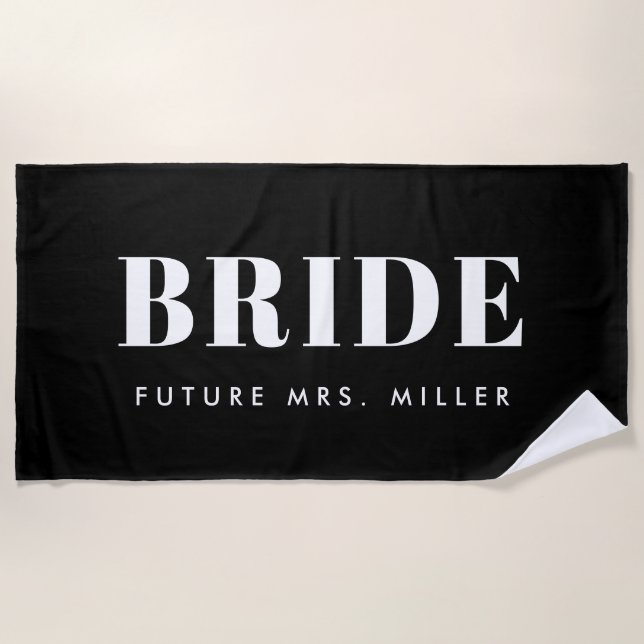 Modern Black Bachelorette Future Mrs Bride Beach Towel (Front)