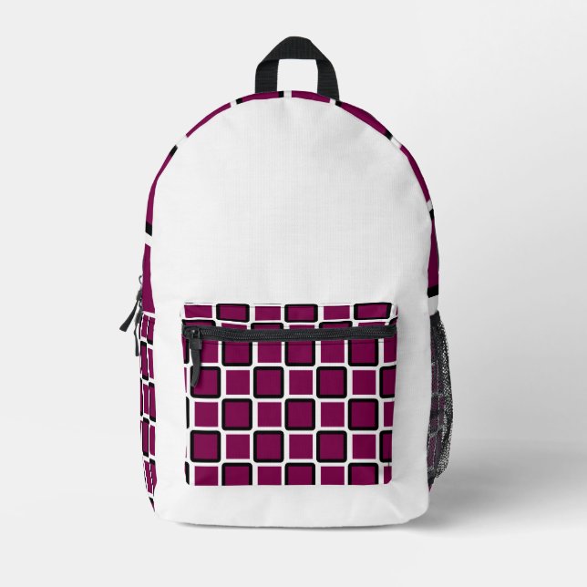 Modern Black Backpack with Wine & White Squares  (Front)