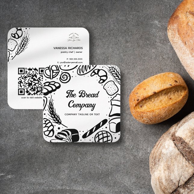 Modern Black Baked Goods Border QR Code Bakery Square Business Card (Creator Uploaded)