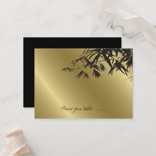 Modern Black Bamboo Leaves On Gold Asian Wedding Place Card