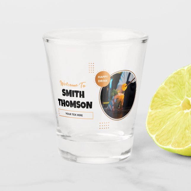 Modern Black Barware Name Pub Style with Photo Shot Glass (Front)