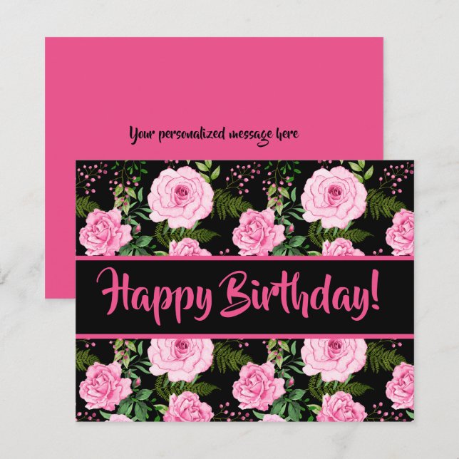 Modern Black Beautiful Pink Roses Happy Birthday (Front/Back)