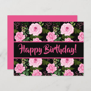 Modern Black Beautiful Pink Roses Happy Birthday
