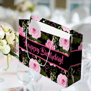 Modern Black Beautiful Pink Roses Happy Birthday Large Gift Bag