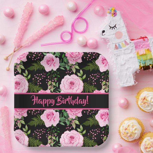 Modern Black Beautiful Pink Roses Happy Birthday Paper Plate (Party)