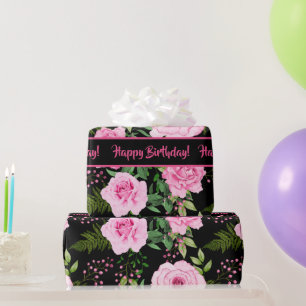 Modern Black Beautiful Pink Roses Pattern Wrapping Paper