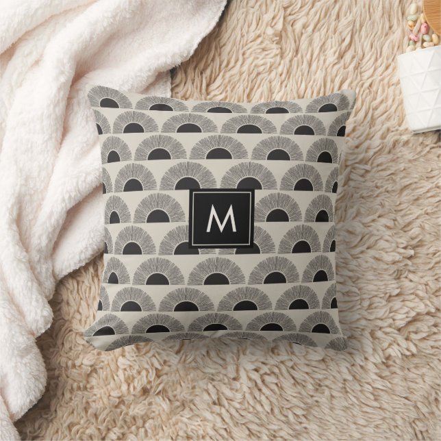 Modern Black & Beige Sunset Abstract Art Monogram Cushion (Blanket)