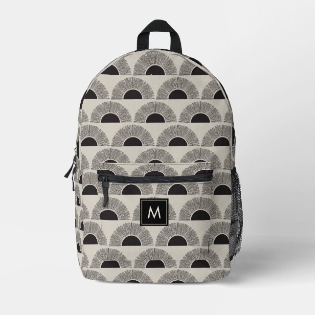 Modern Black & Beige Sunset Abstract Art Monogram Printed Backpack (Front)