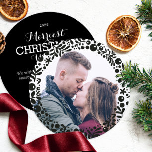 Modern Black Berries Photo Frame Holiday Ornament Card