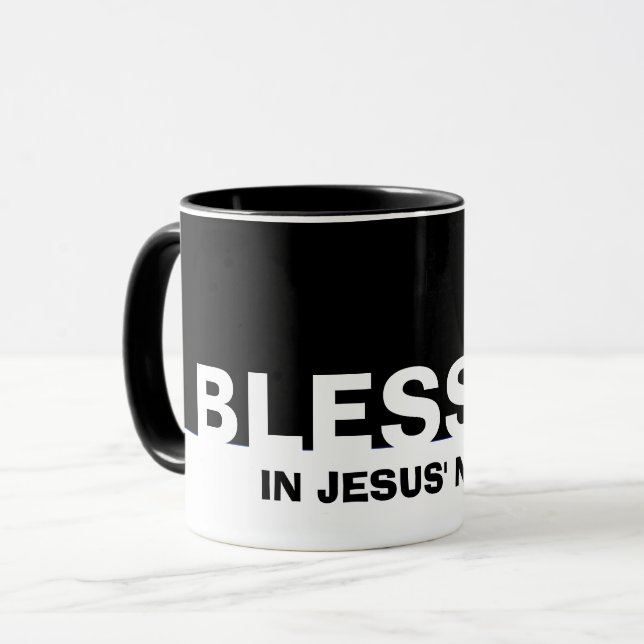 Modern Black BLESSED In Jesus' Name Christian Mug (Front Left)