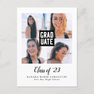 Modern Black Block Photo Collage Graduation Announcement Postcard