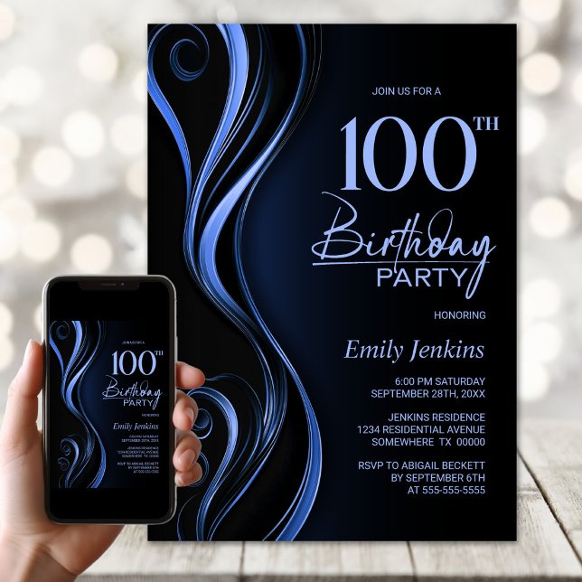 Modern Black Blue 100th Birthday Party Invitation (Creator Uploaded)