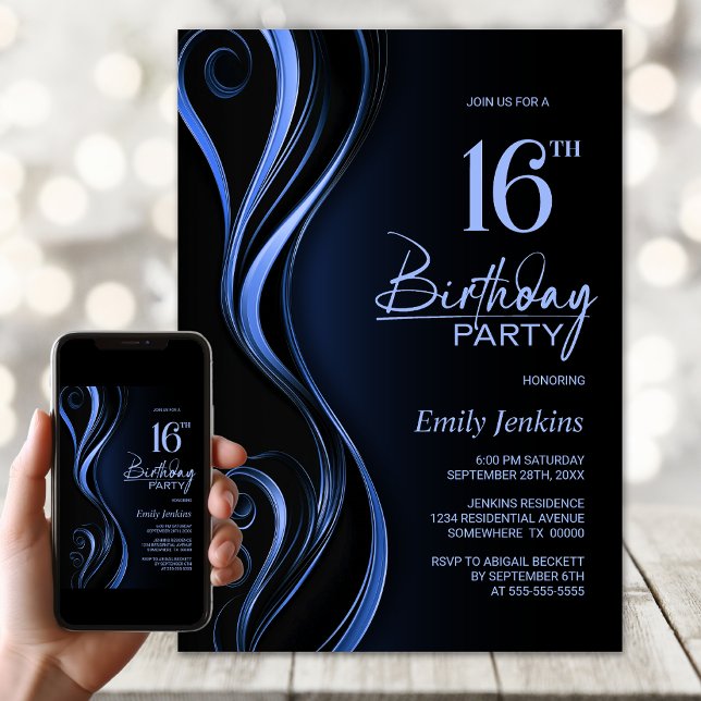Modern Black Blue 16th Birthday Party Invitation (Creator Uploaded)