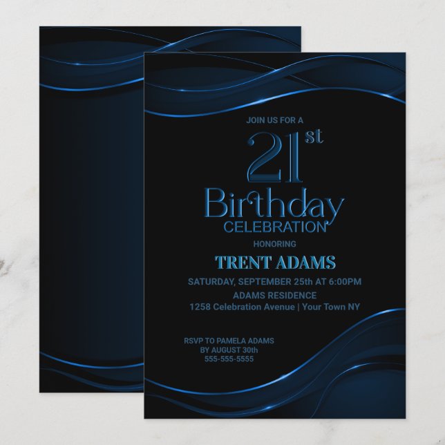 Modern Black Blue 21st Birthday Party Invitation (Front/Back)