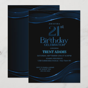 Modern Black Blue 21st Birthday Party Invitation