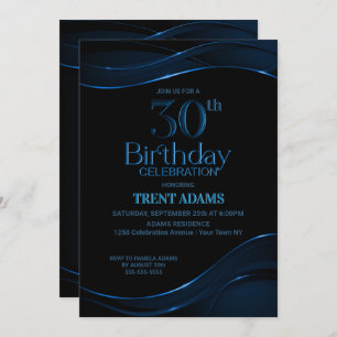 Modern Black Blue 30th Birthday Party Invitation