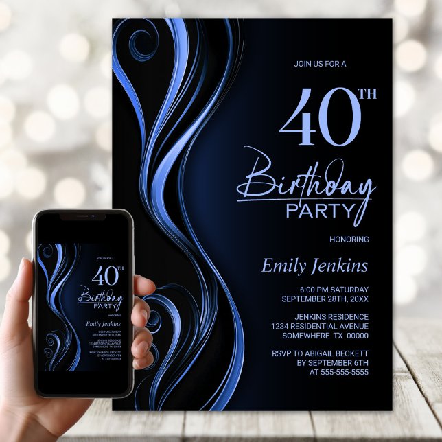 Modern Black Blue 40th Birthday Party Invitation (Creator Uploaded)