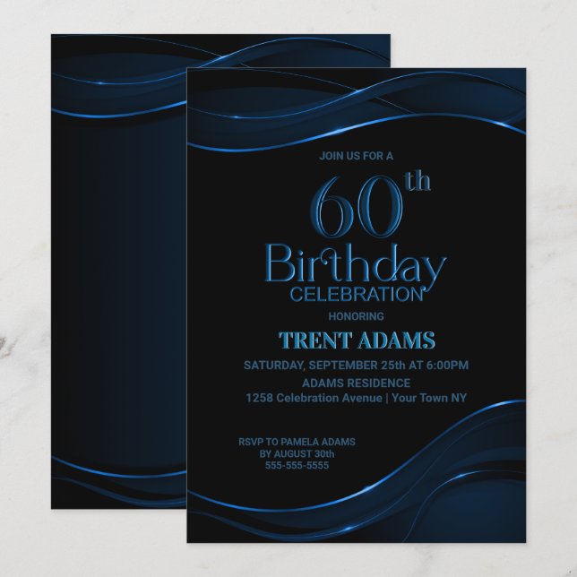 Modern Black Blue 60th Birthday Party Invitation (Front/Back)