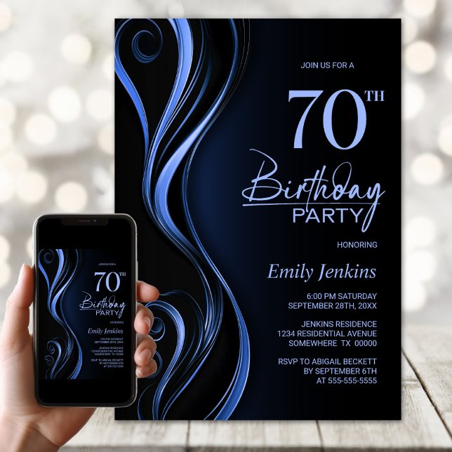 Modern Black Blue 70th Birthday Party Invitation (Creator Uploaded)
