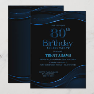 Modern Black Blue 80th Birthday Party Invitation