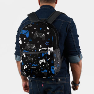 Modern Black, Blue and White Video Game Gamer  Printed Backpack