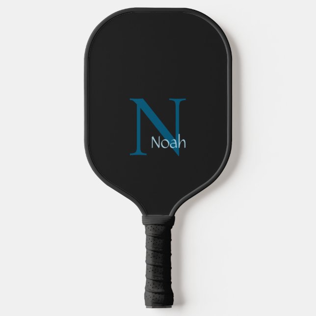 Modern Black Blue Custom Monogram Name Pickleball Paddle (Front)