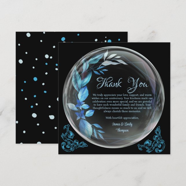 Modern Black Blue Floral Milestone Anniversary Thank You Card (Front/Back)