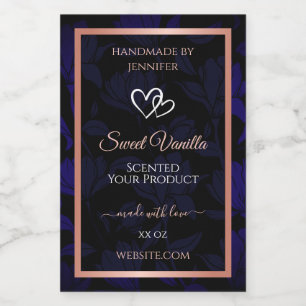 Modern Black Blue Floral Product Labels Rose Gold
