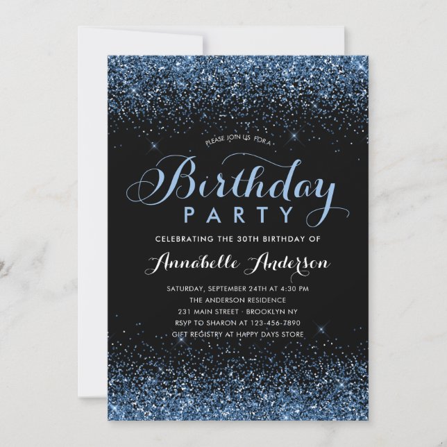 Modern Black Blue Glitter Sparkle Any Age Birthday Invitation (Front)
