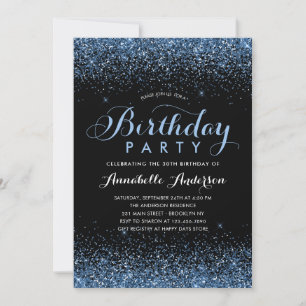 Modern Black Blue Glitter Sparkle Any Age Birthday Invitation